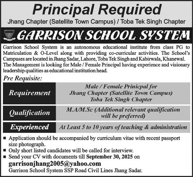 Jobs in Garrison School System Toba Tek Singh